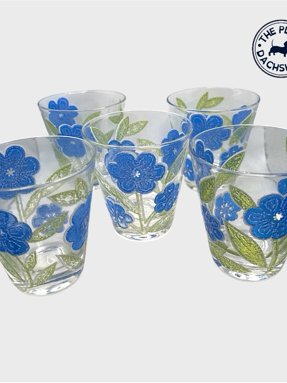 Vintage Midcentury Blue Floral Glass Tumbler Set